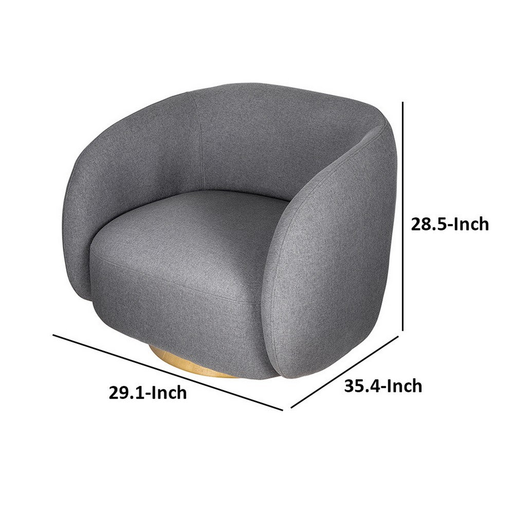 Benjara Eros 35 Inch Swivel Accent Chair, Plush Gray Fabric Upholstery, Gold Base