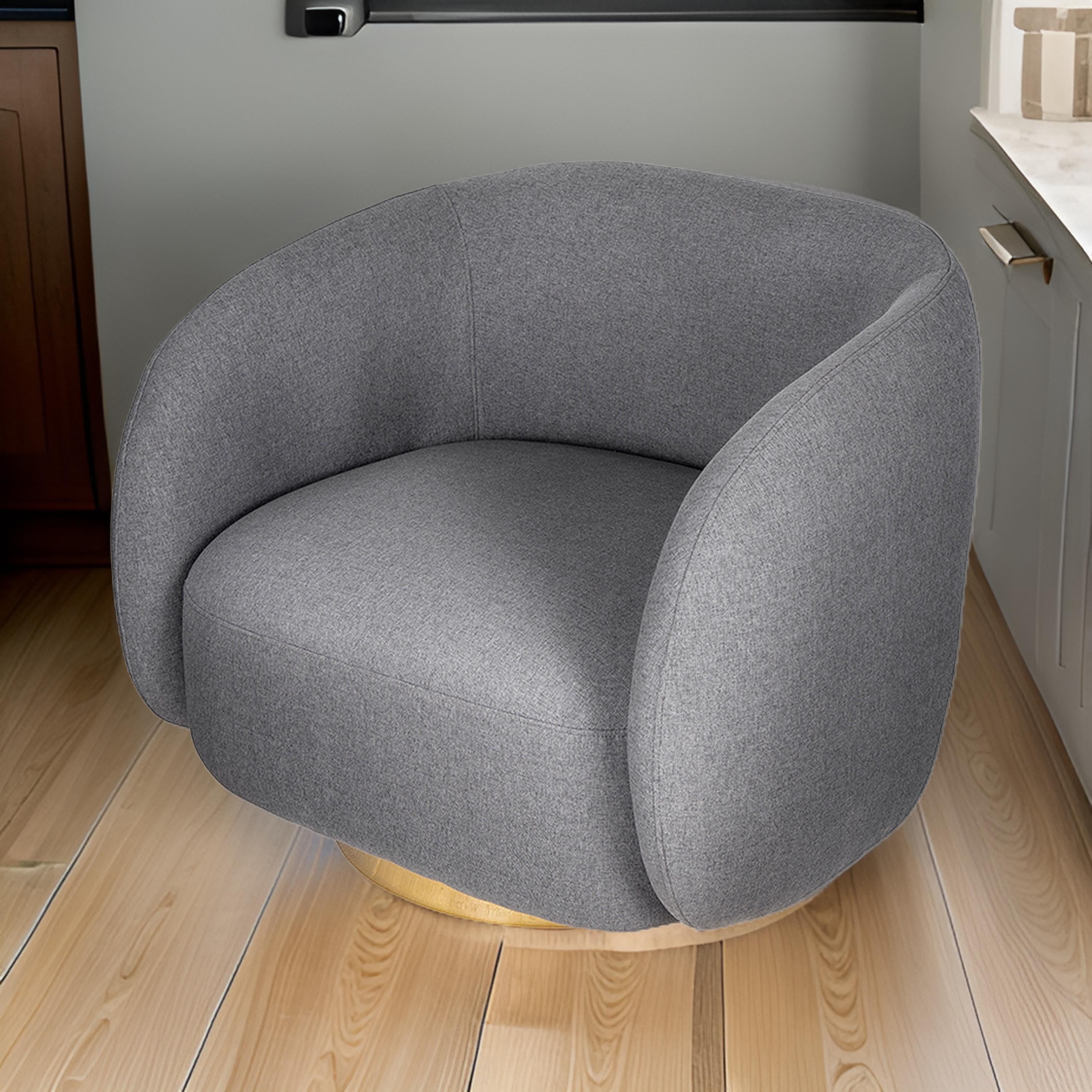 Benjara Eros 35 Inch Swivel Accent Chair, Plush Gray Fabric Upholstery, Gold Base