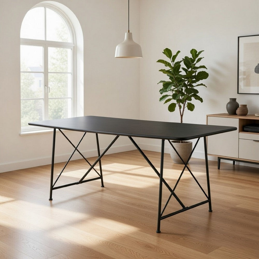 Benjara 79 Inch Dining Table, Black Rectangular Top, Sleek X Shaped Iron Legs