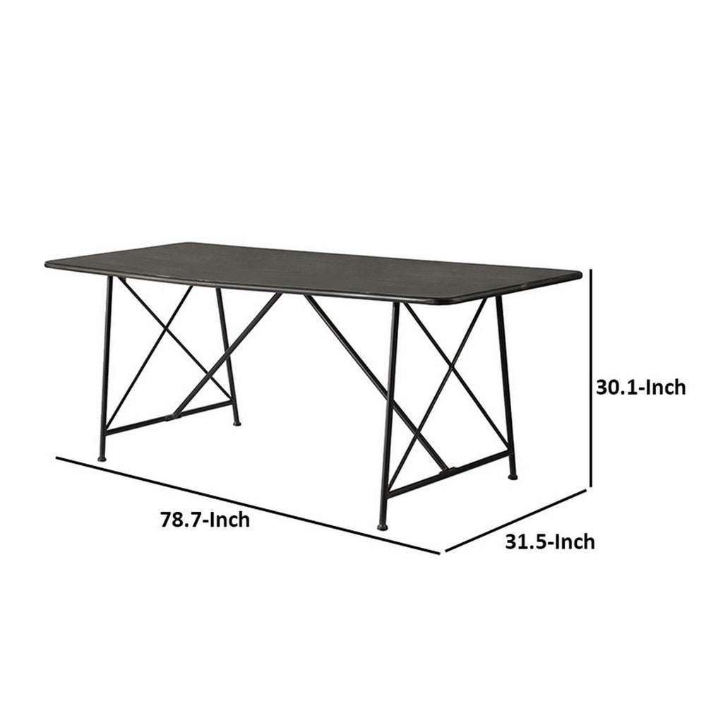 Benjara 79 Inch Dining Table, Black Rectangular Top, Sleek X Shaped Iron Legs