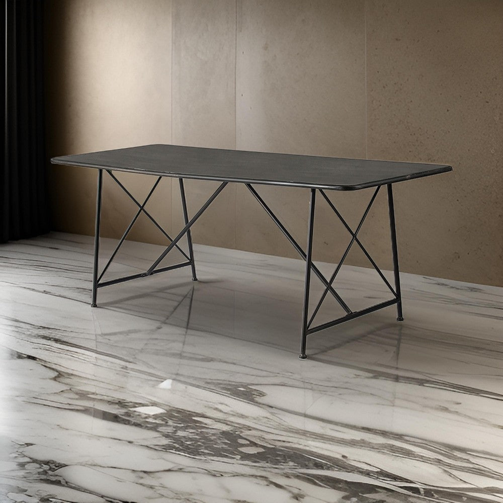 Benjara 79 Inch Dining Table, Black Rectangular Top, Sleek X Shaped Iron Legs