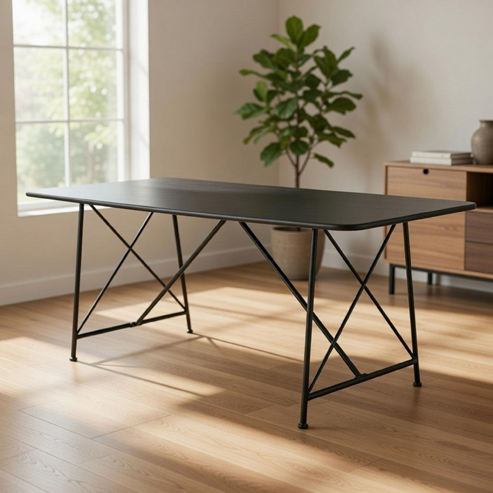 Benjara 79 Inch Dining Table, Black Rectangular Top, Sleek X Shaped Iron Legs
