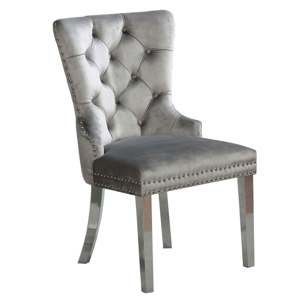 Benjara 24 Inch Dining Side Chair Set of 2, Tufted Silver Gray Fabric, Chrome legs