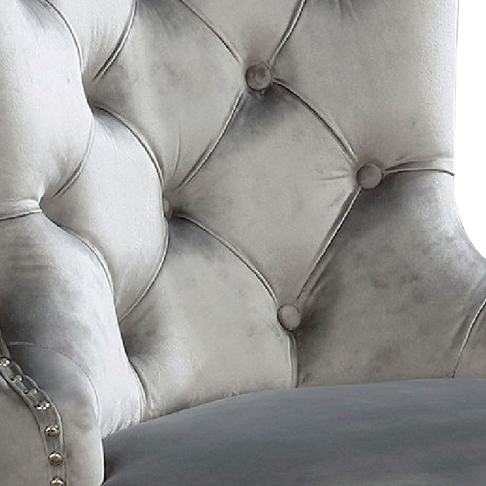 Benjara 24 Inch Dining Side Chair Set of 2, Tufted Silver Gray Fabric, Chrome legs