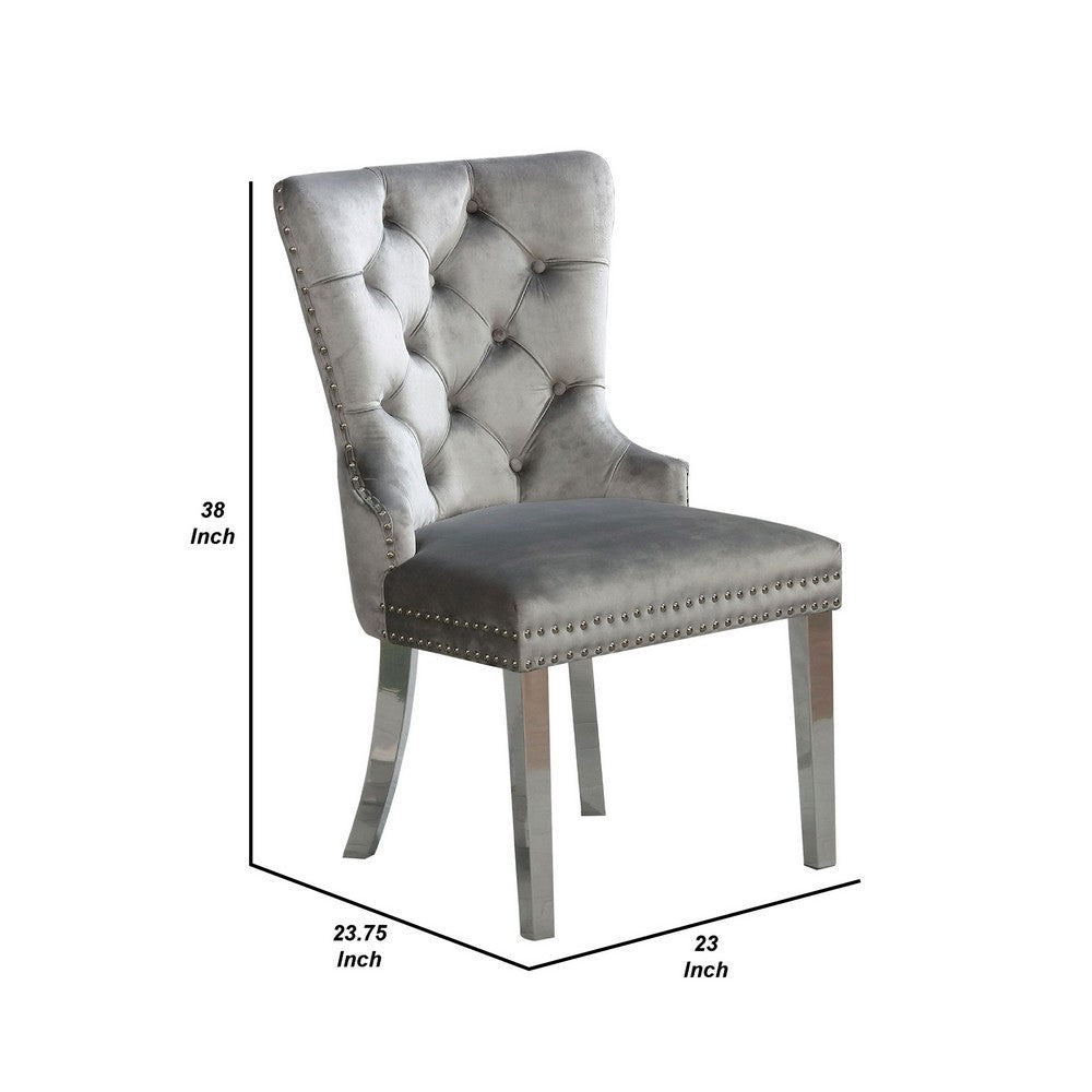 Benjara 24 Inch Dining Side Chair Set of 2, Tufted Silver Gray Fabric, Chrome legs