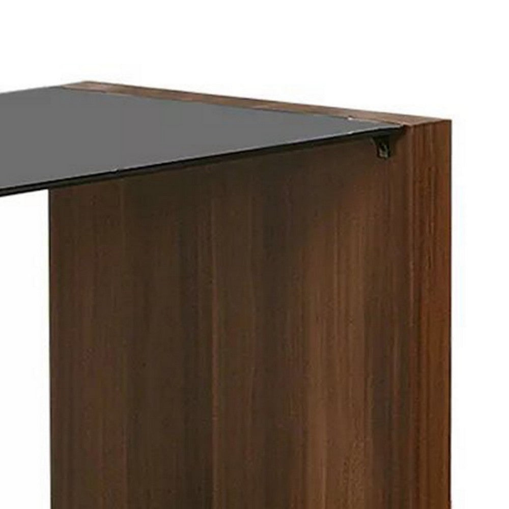 Benjara Bere 24 Inch Side End Table, Black Glass Top, Open Bottom Shelf, Brown Wood