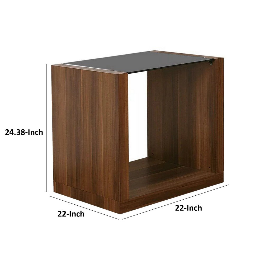 Benjara Bere 24 Inch Side End Table, Black Glass Top, Open Bottom Shelf, Brown Wood
