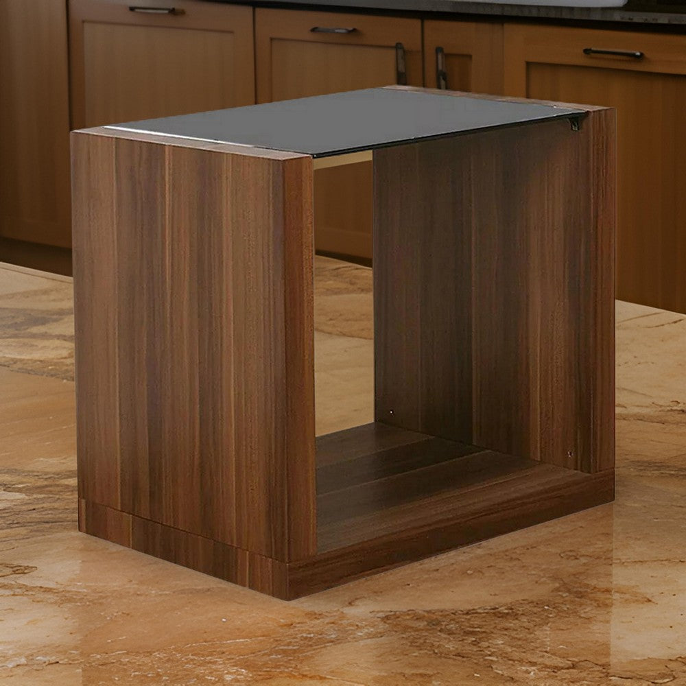 Benjara Bere 24 Inch Side End Table, Black Glass Top, Open Bottom Shelf, Brown Wood