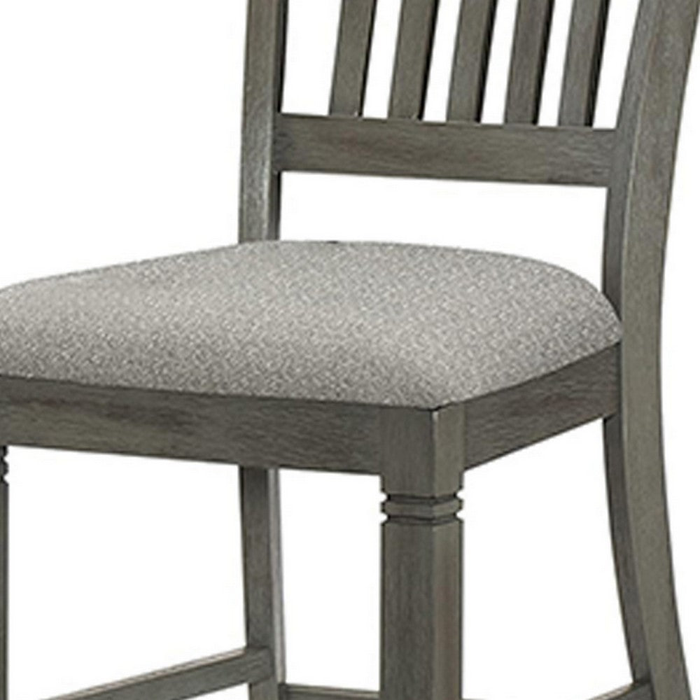 Benjara 26 Inch Counter Height Chair Set of 2, Slat Back, Gray Wood, Fabric Seat