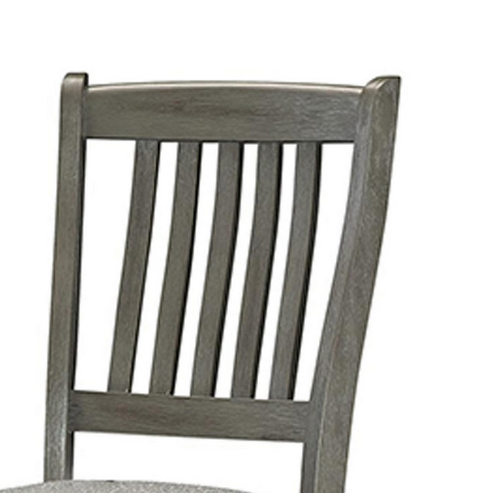 Benjara 26 Inch Counter Height Chair Set of 2, Slat Back, Gray Wood, Fabric Seat