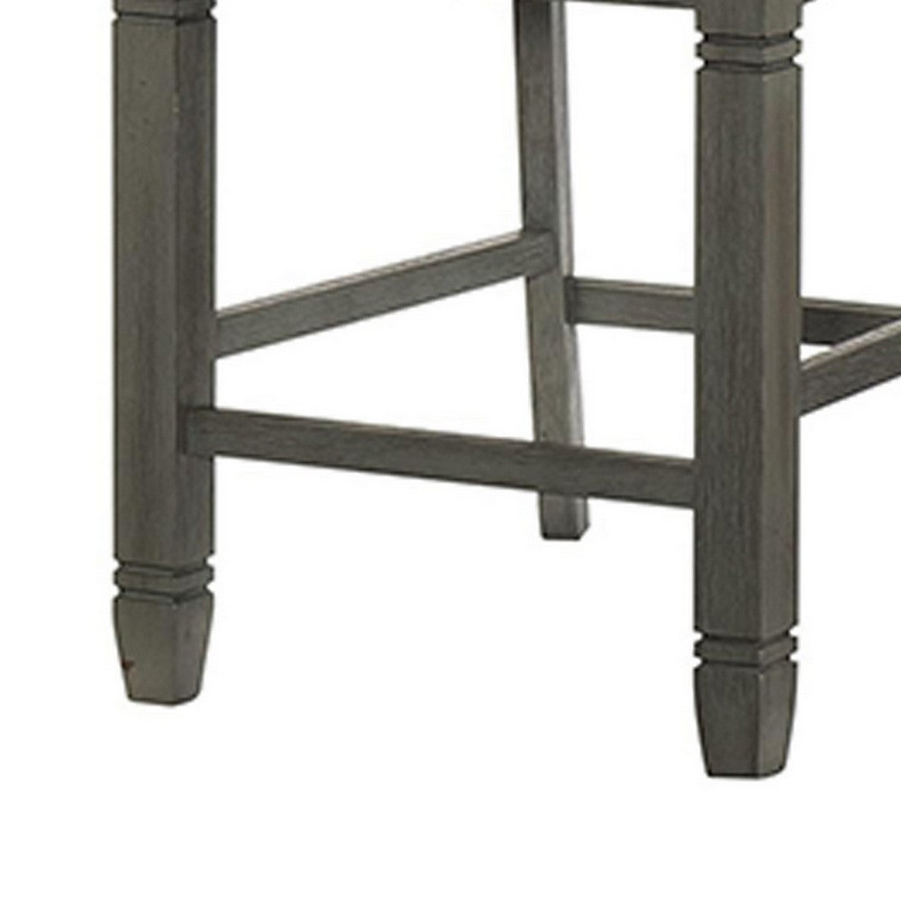 Benjara 26 Inch Counter Height Chair Set of 2, Slat Back, Gray Wood, Fabric Seat