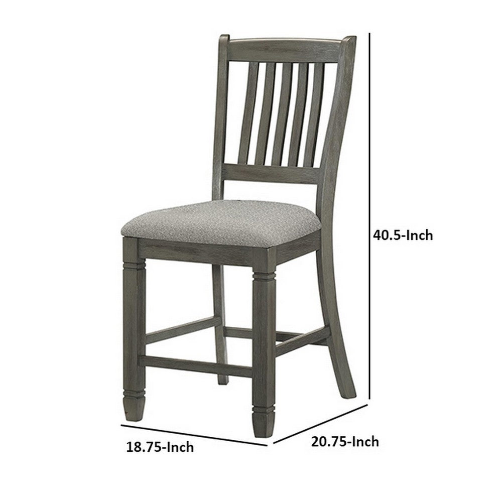 Benjara 26 Inch Counter Height Chair Set of 2, Slat Back, Gray Wood, Fabric Seat
