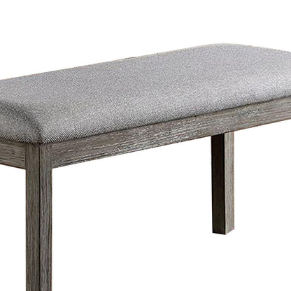 Benjara Lais 45 Inch Dining Bench, Wired Brushed Gray Wood, Gray Fabric Padded Seat