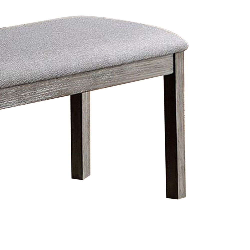 Benjara Lais 45 Inch Dining Bench, Wired Brushed Gray Wood, Gray Fabric Padded Seat