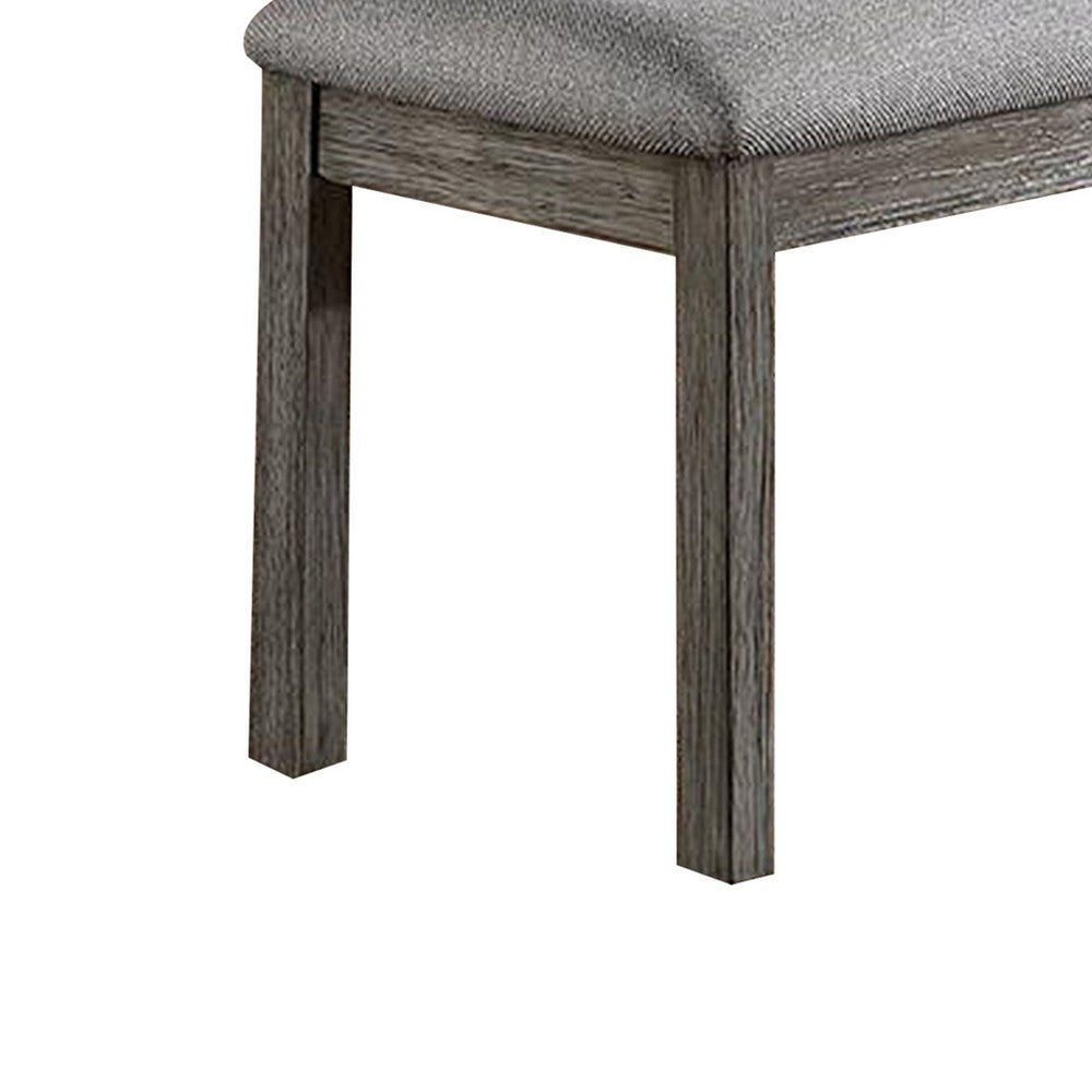 Benjara Lais 45 Inch Dining Bench, Wired Brushed Gray Wood, Gray Fabric Padded Seat