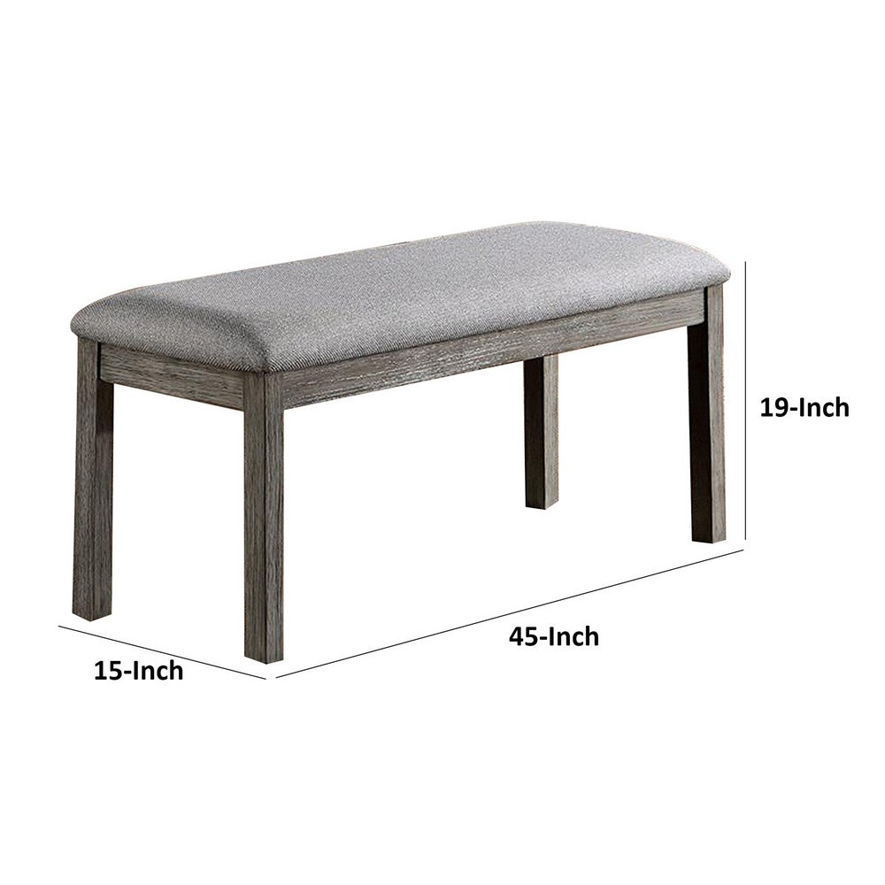 Benjara Lais 45 Inch Dining Bench, Wired Brushed Gray Wood, Gray Fabric Padded Seat
