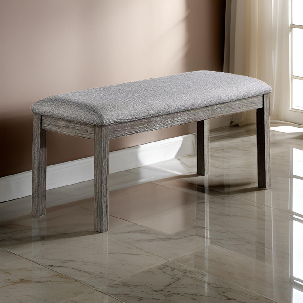 Benjara Lais 45 Inch Dining Bench, Wired Brushed Gray Wood, Gray Fabric Padded Seat