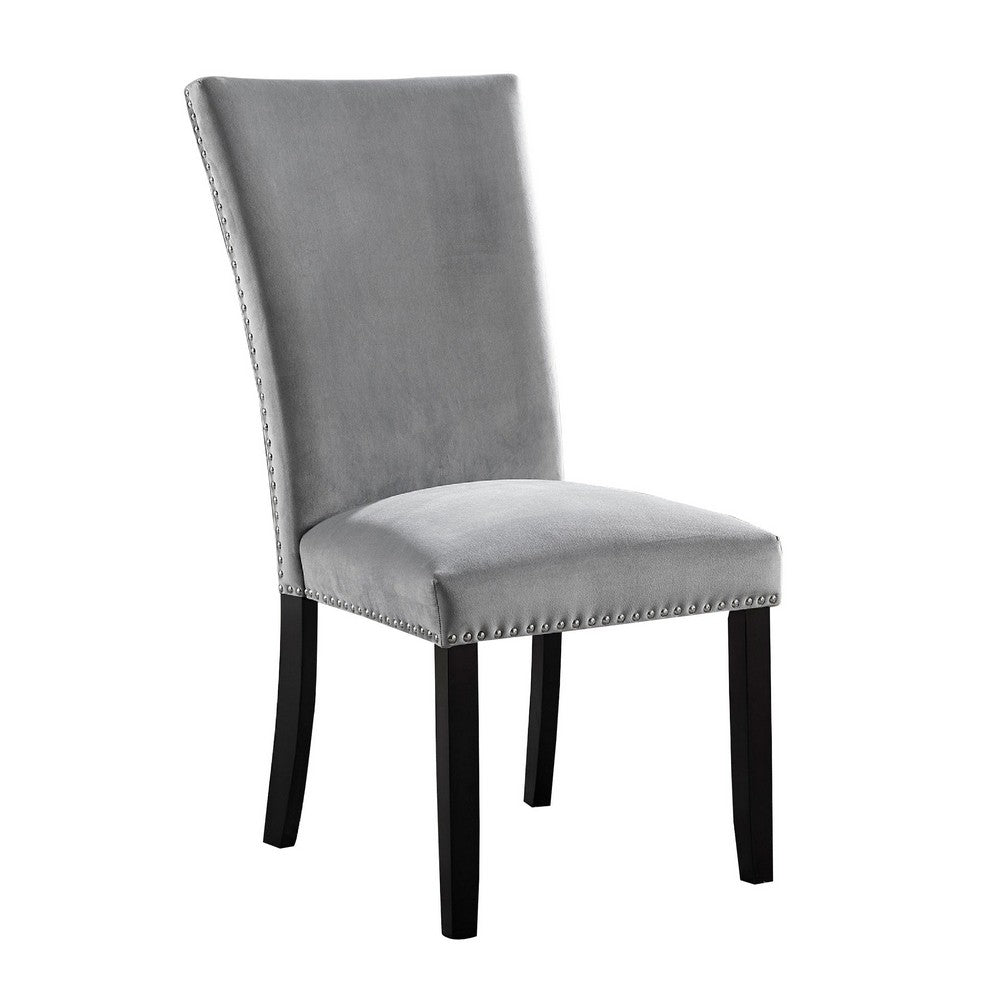 Benjara 28 Inch Dining Side Chair Set of 2, Padded Gray Flannelette, Black Wood