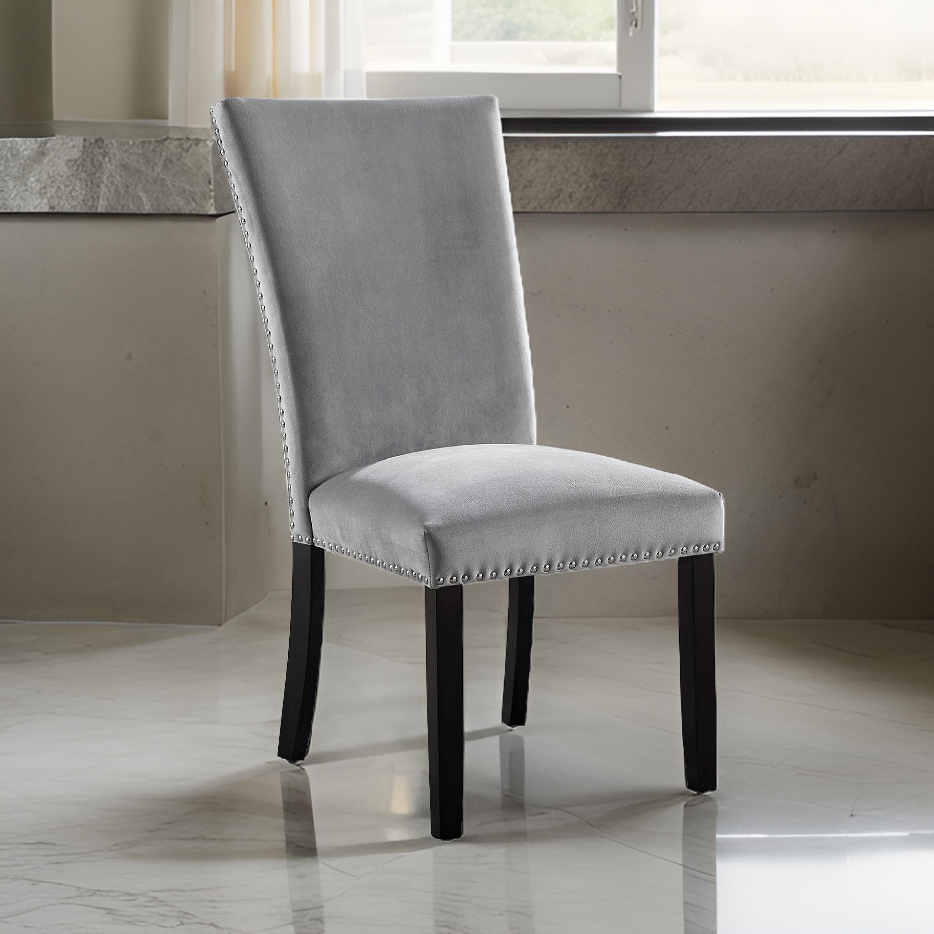 Benjara 28 Inch Dining Side Chair Set of 2, Padded Gray Flannelette, Black Wood