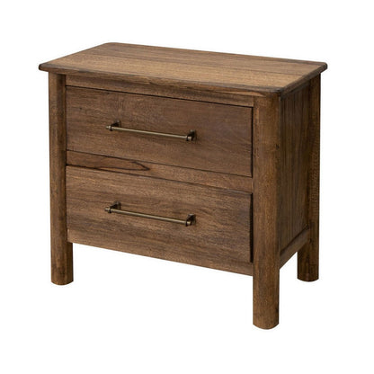 Benjara Olum 28 Inch Nightstand, 2 Drawers, Metal Handles, Solid Mango Wood, Brown