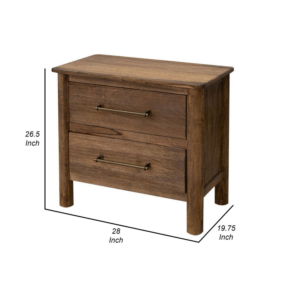 Benjara Olum 28 Inch Nightstand, 2 Drawers, Metal Handles, Solid Mango Wood, Brown