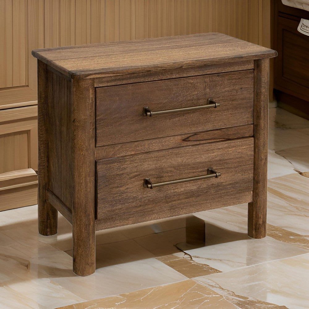 Benjara Olum 28 Inch Nightstand, 2 Drawers, Metal Handles, Solid Mango Wood, Brown