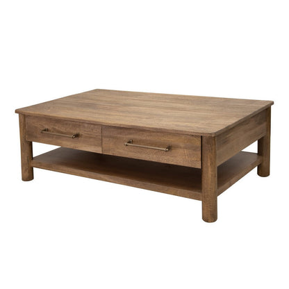 Benjara Olum 50 Inch Cocktail Coffee Table, Drawers, Lower Shelf, Brown Mango Wood