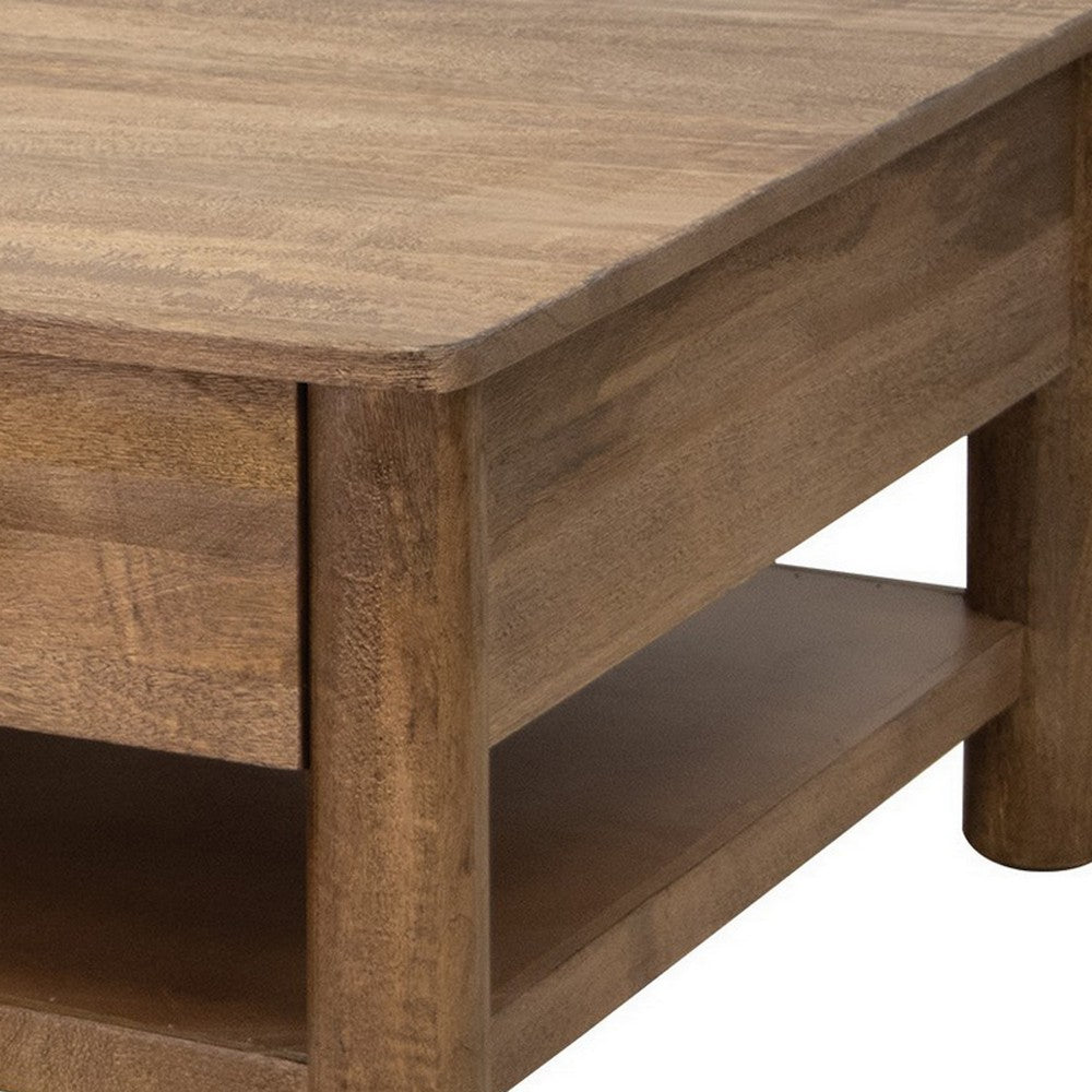 Benjara Olum 50 Inch Cocktail Coffee Table, Drawers, Lower Shelf, Brown Mango Wood