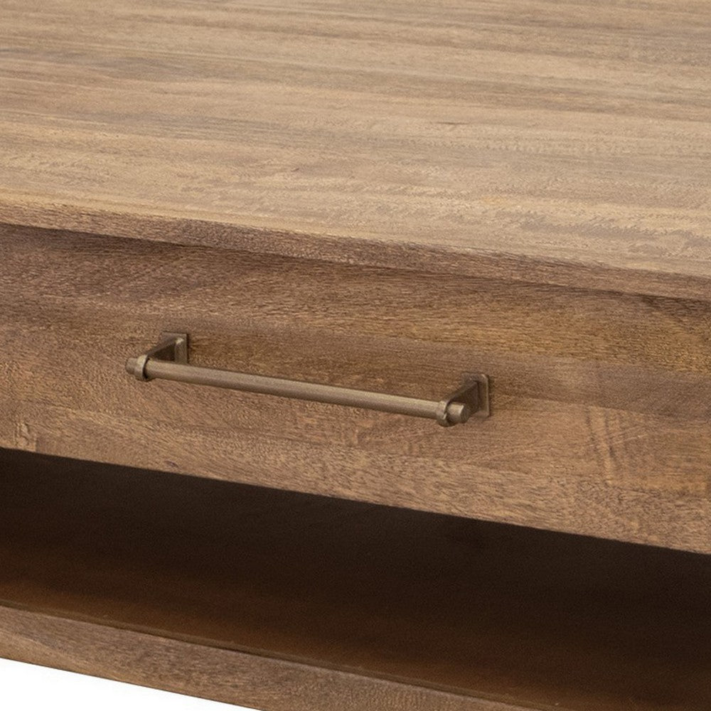 Benjara Olum 50 Inch Cocktail Coffee Table, Drawers, Lower Shelf, Brown Mango Wood