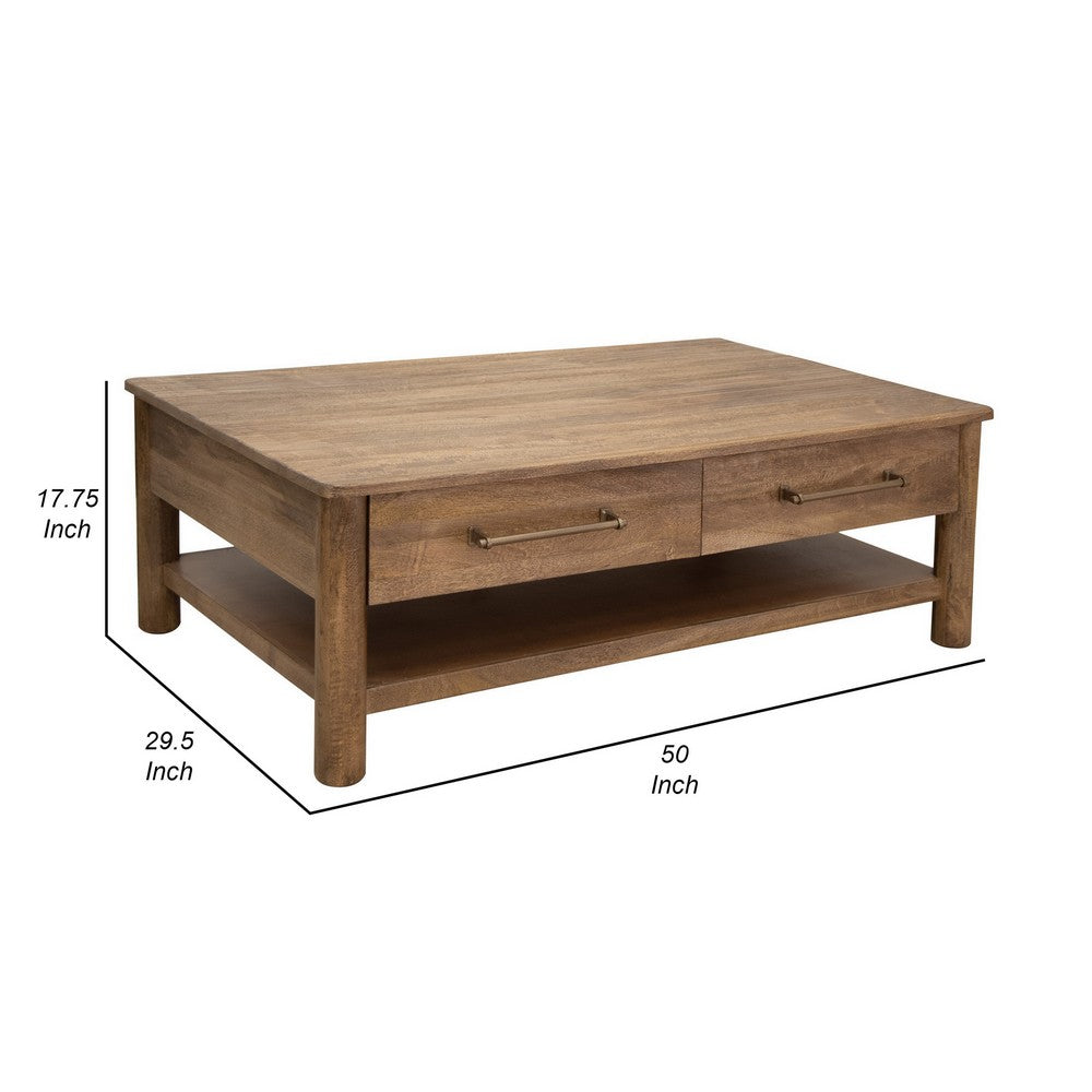 Benjara Olum 50 Inch Cocktail Coffee Table, Drawers, Lower Shelf, Brown Mango Wood