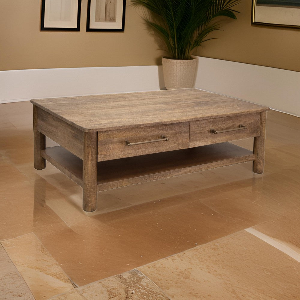 Benjara Olum 50 Inch Cocktail Coffee Table, Drawers, Lower Shelf, Brown Mango Wood