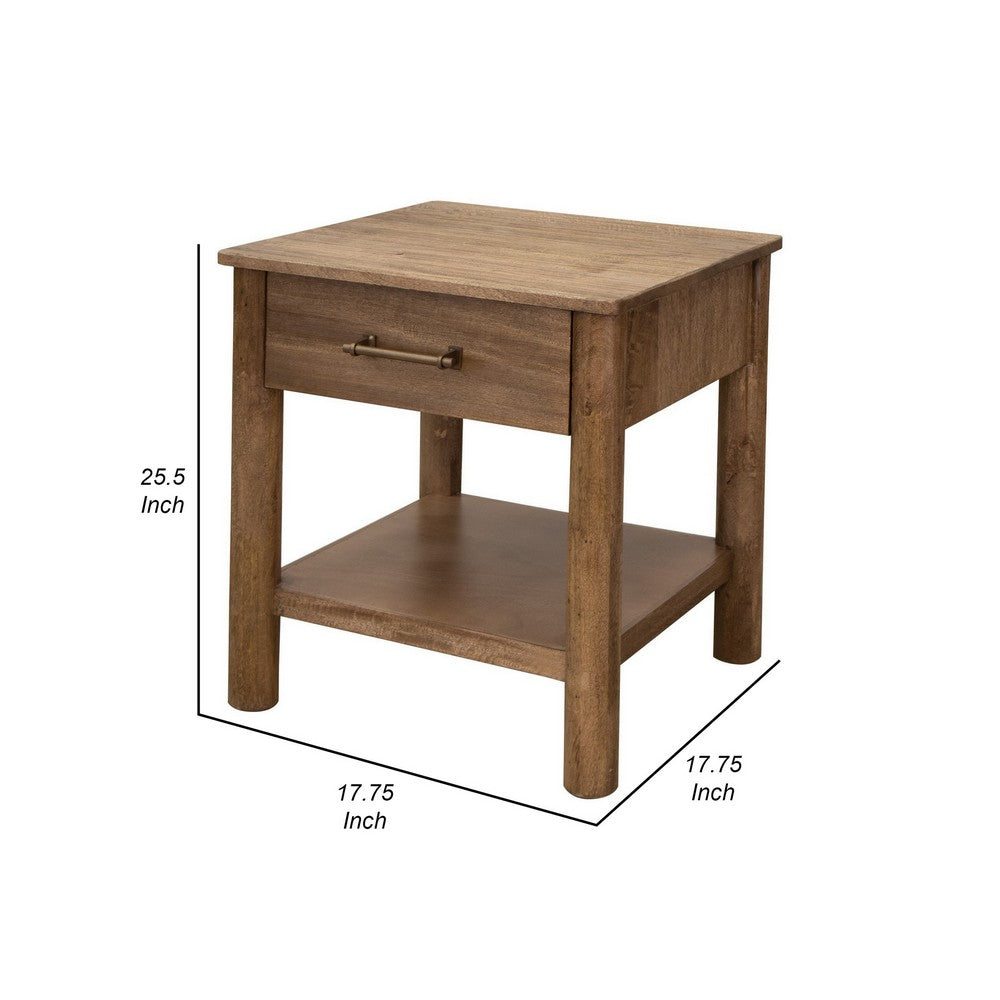 Benjara Olum 26 Inch Chairside Table, Drawer, Lower Shelf, Square Top, Wood, Brown