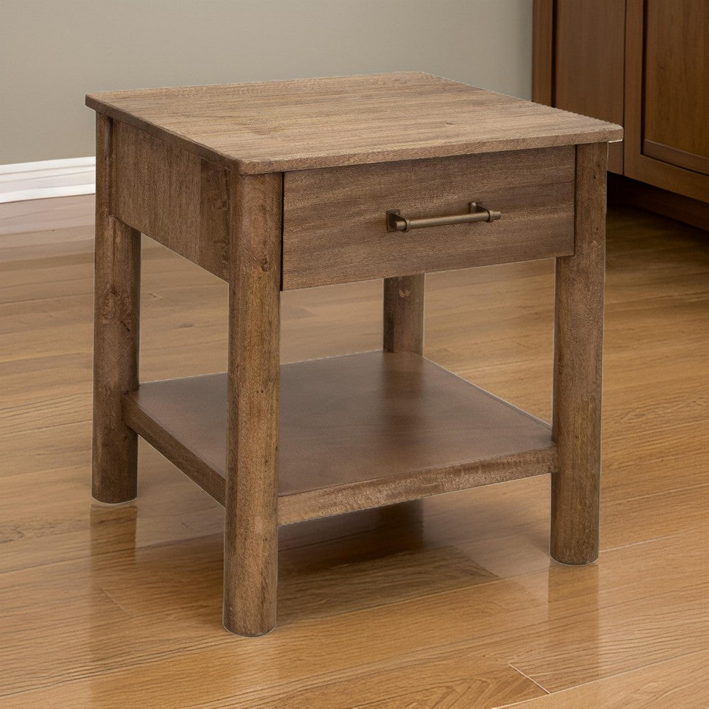 Benjara Olum 26 Inch Chairside Table, Drawer, Lower Shelf, Square Top, Wood, Brown