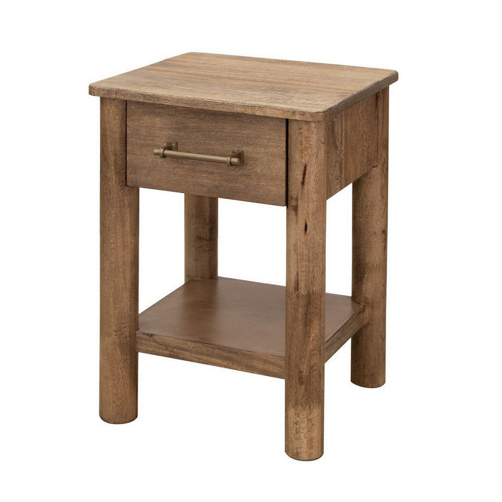 Benjara Olum 25 Inch Side End Table, 1 Drawer, Lower Shelf, Square Top, Wood, Brown