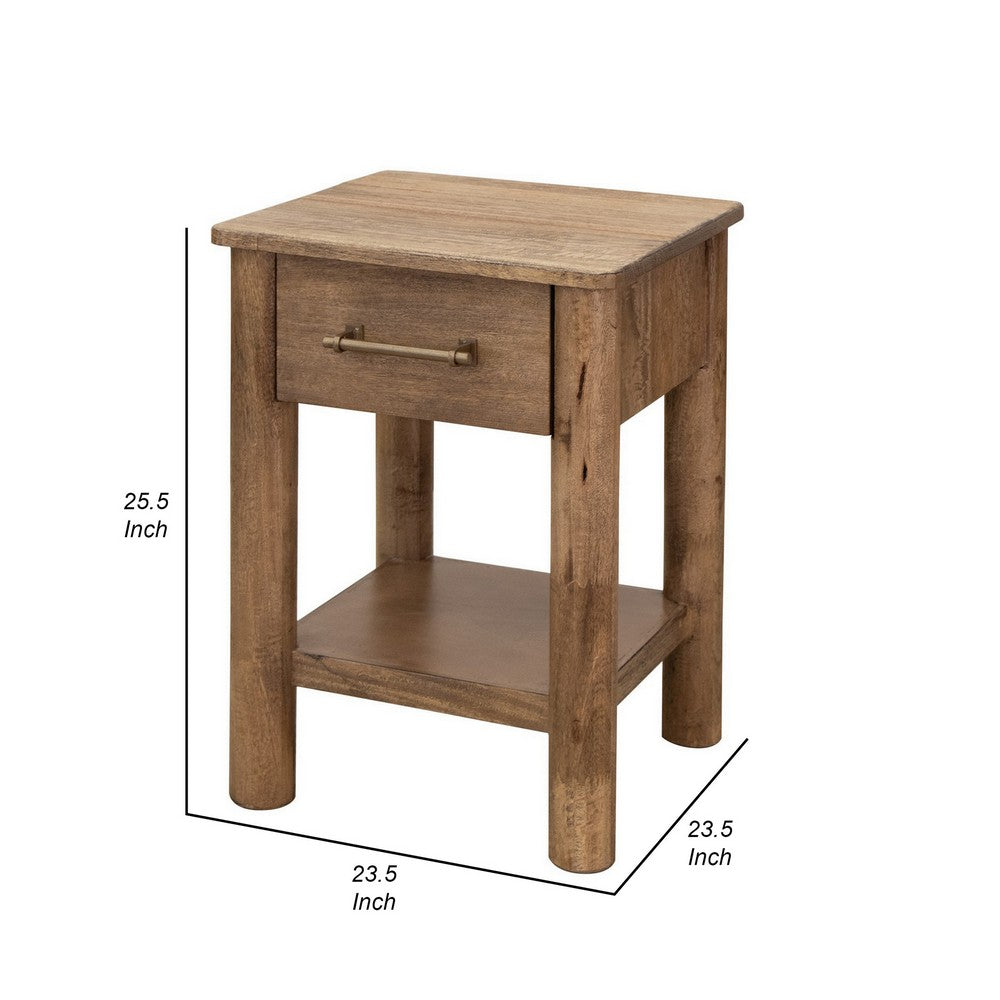 Benjara Olum 25 Inch Side End Table, 1 Drawer, Lower Shelf, Square Top, Wood, Brown