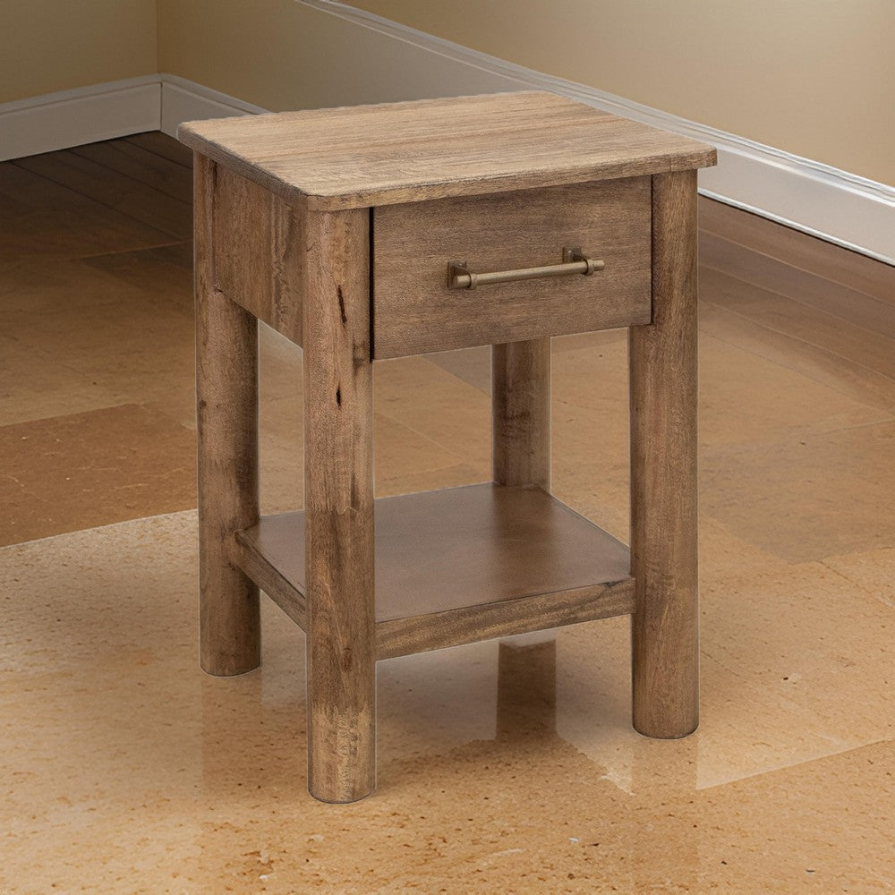 Benjara Olum 25 Inch Side End Table, 1 Drawer, Lower Shelf, Square Top, Wood, Brown