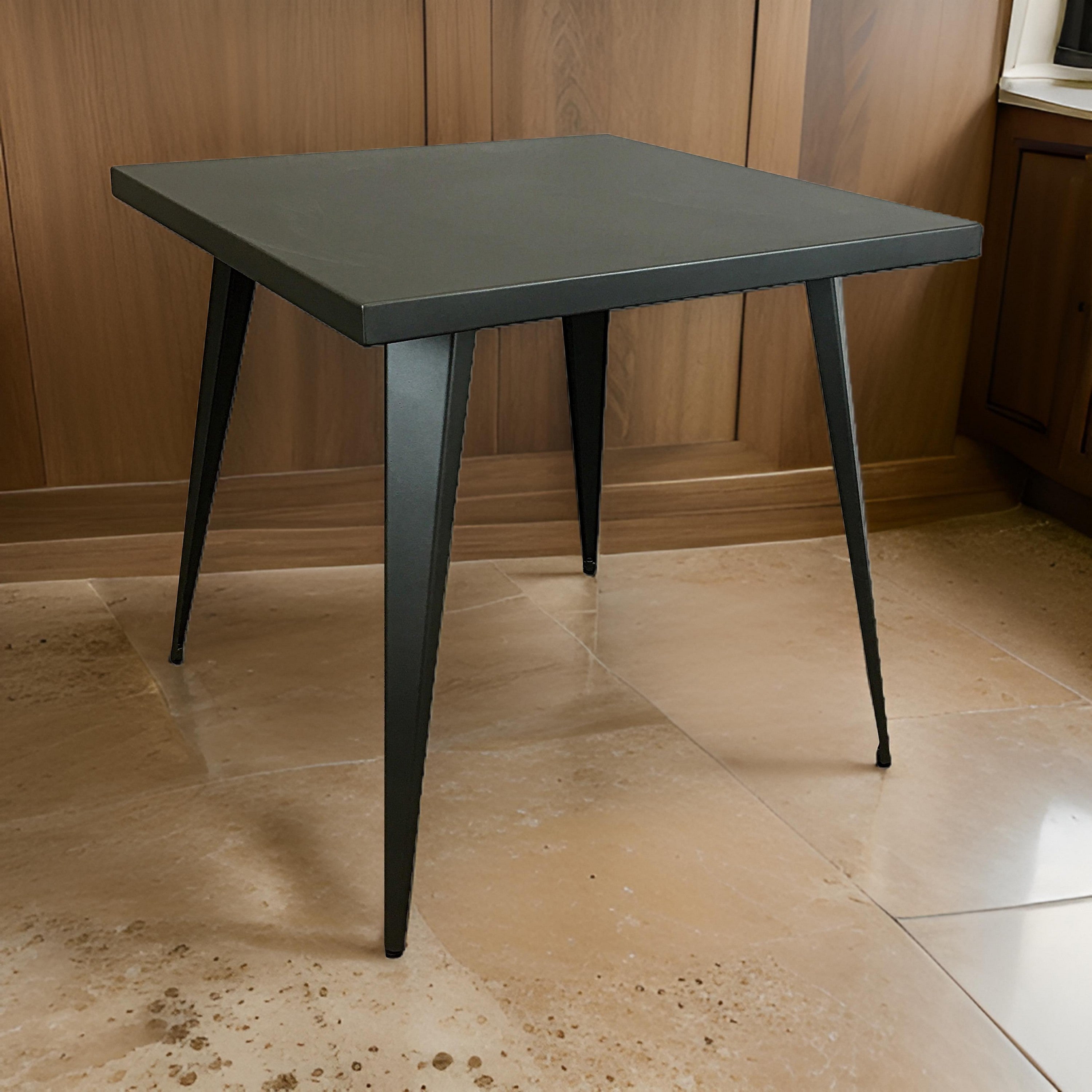 Benjara Oran 32 Inch Dining Table, Square Metal Top, Tapered Legs, Gray Finish