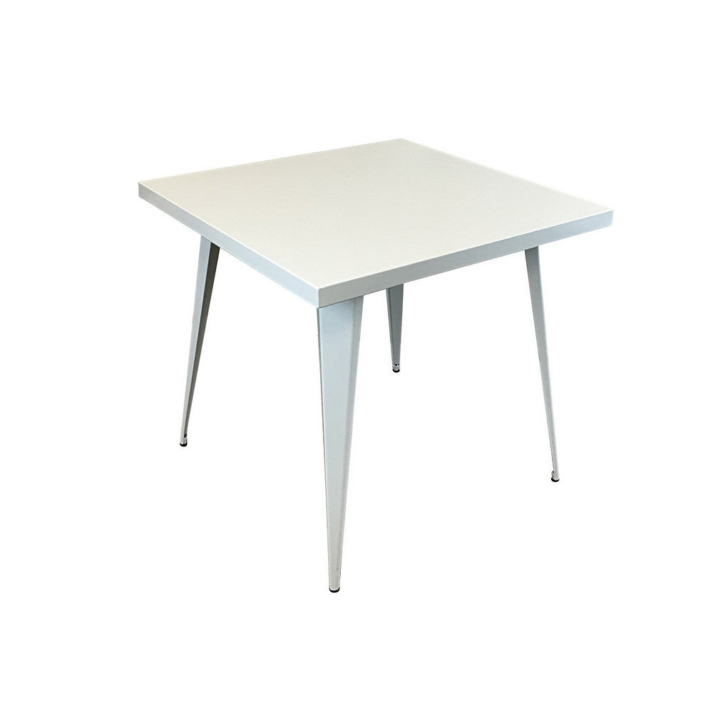 Benjara Oran 32 Inch Dining Table, Square Metal Top, Tapered Legs, White Finish