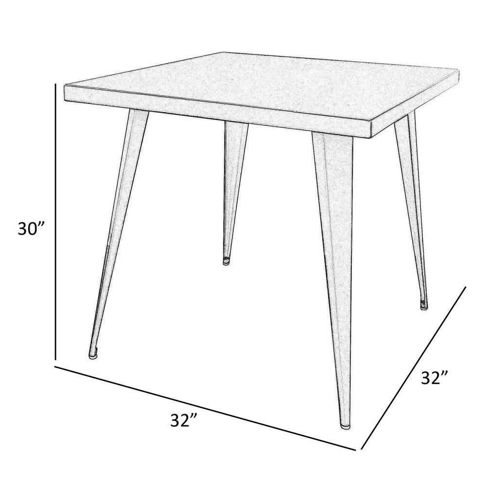 Benjara Oran 32 Inch Dining Table, Square Metal Top, Tapered Legs, White Finish