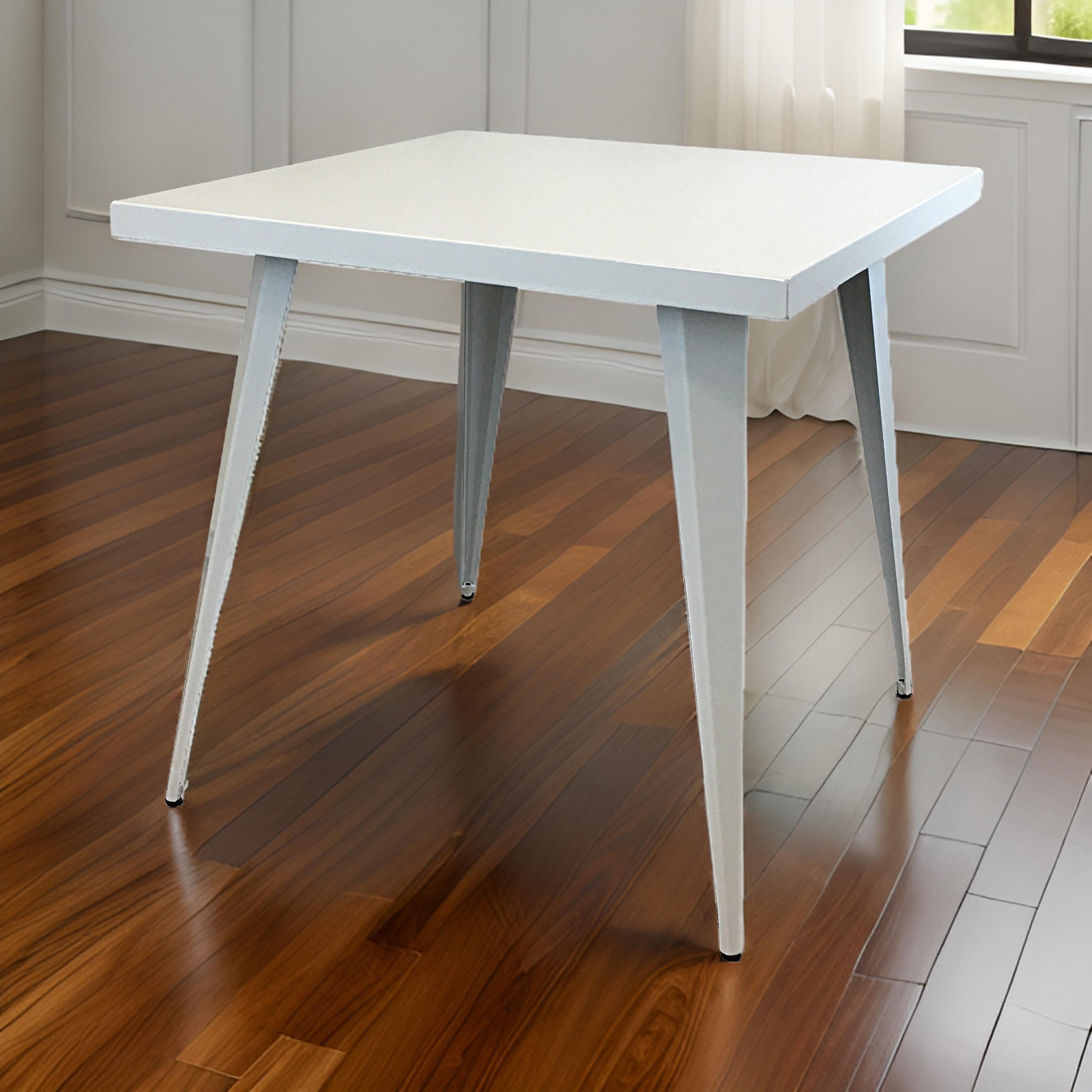 Benjara Oran 32 Inch Dining Table, Square Metal Top, Tapered Legs, White Finish