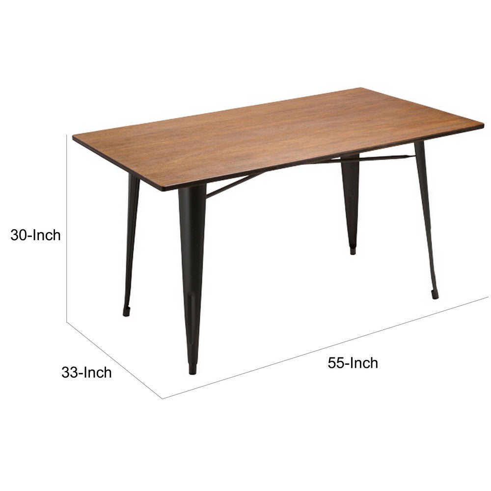 Benjara Matie 55 Inch Dining Table, Rectangular Wood Top, Metal Legs, Gray Finish
