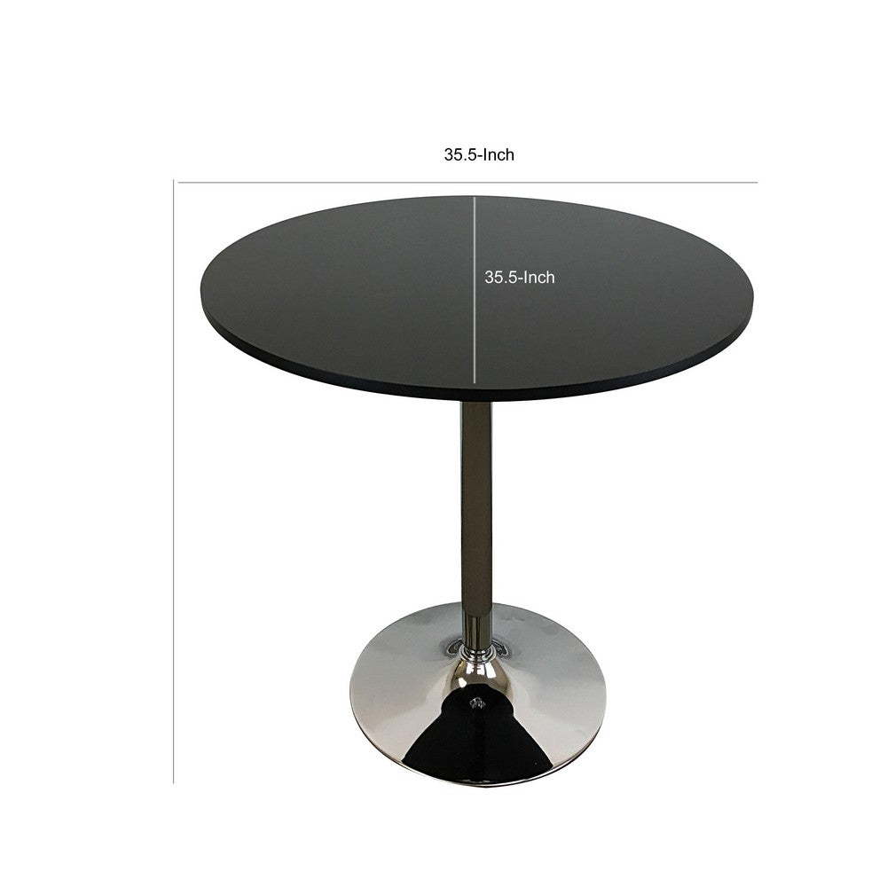 Benjara Mari 36 Inch Dining Table, Smooth Black Round Top And Stainless Steel Base