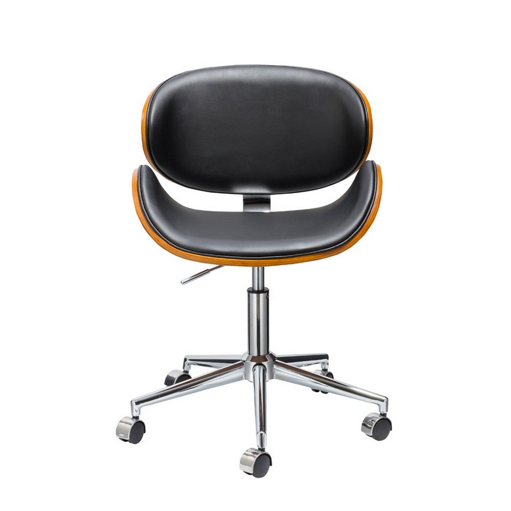 Benjara Kio 18-22 Inch Swivel Office Chair, Adjustable, Wood And Black Faux Leather