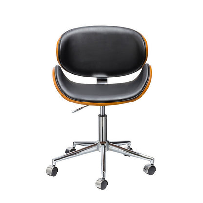 Benjara Kio 18-22 Inch Swivel Office Chair, Adjustable, Wood And Black Faux Leather