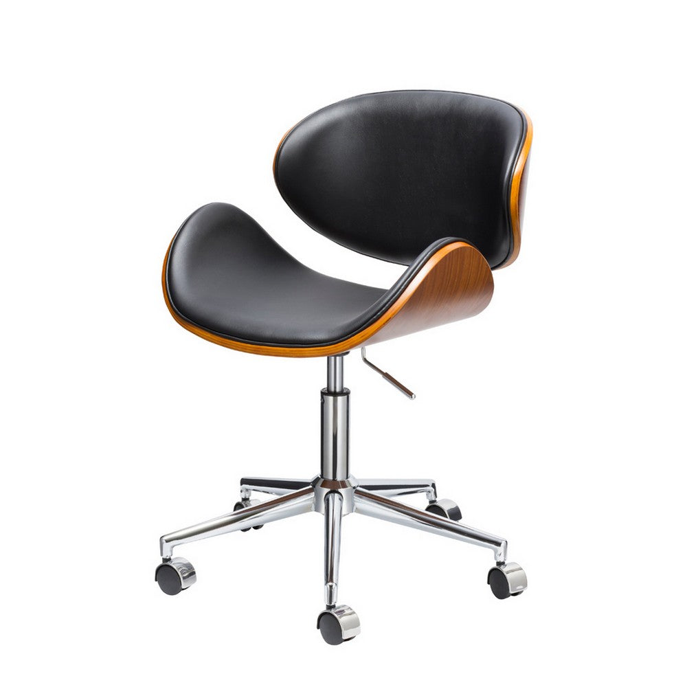 Benjara Kio 18-22 Inch Swivel Office Chair, Adjustable, Wood And Black Faux Leather