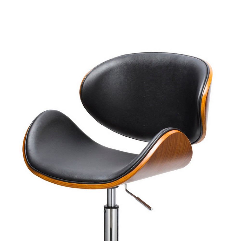Benjara Kio 18-22 Inch Swivel Office Chair, Adjustable, Wood And Black Faux Leather