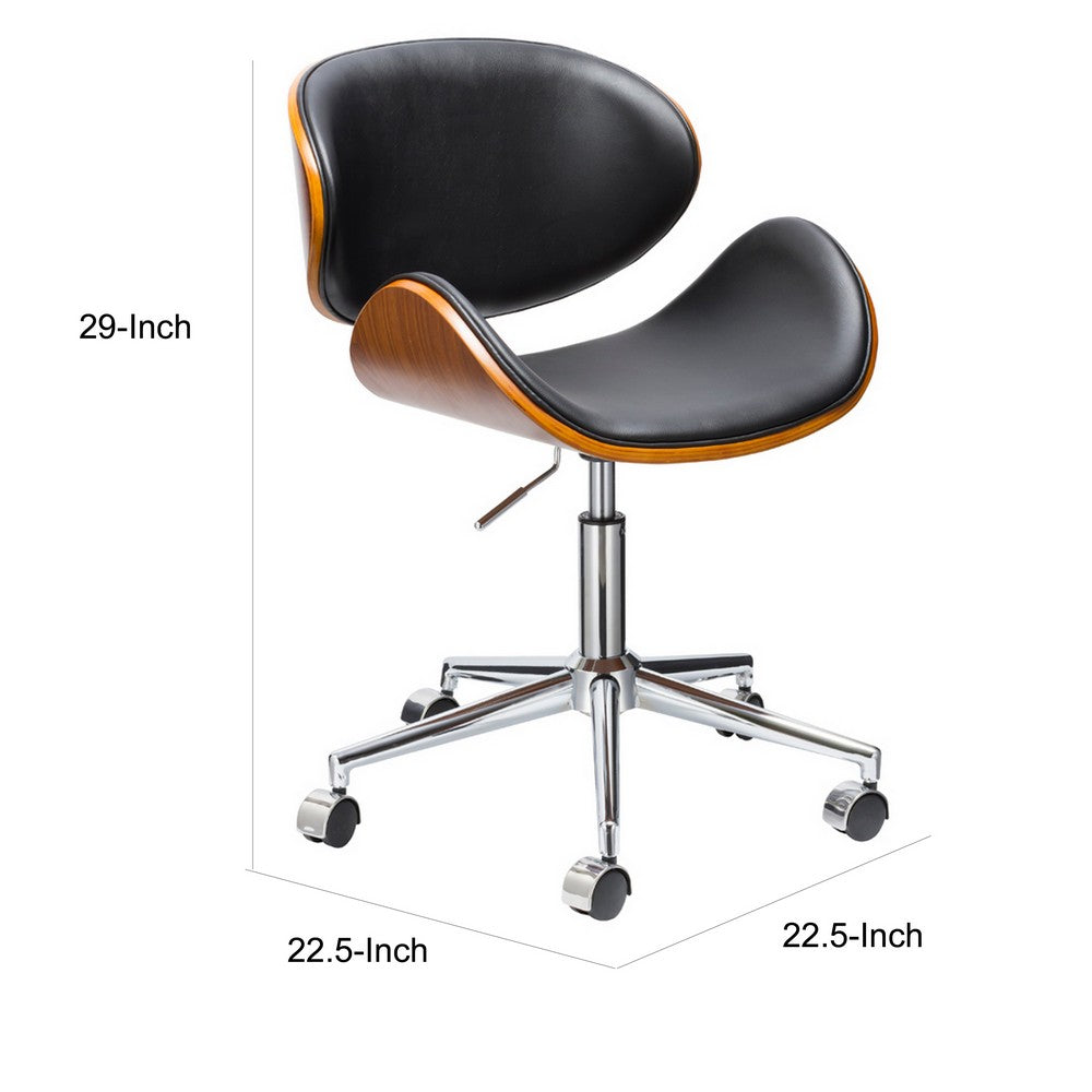 Benjara Kio 18-22 Inch Swivel Office Chair, Adjustable, Wood And Black Faux Leather