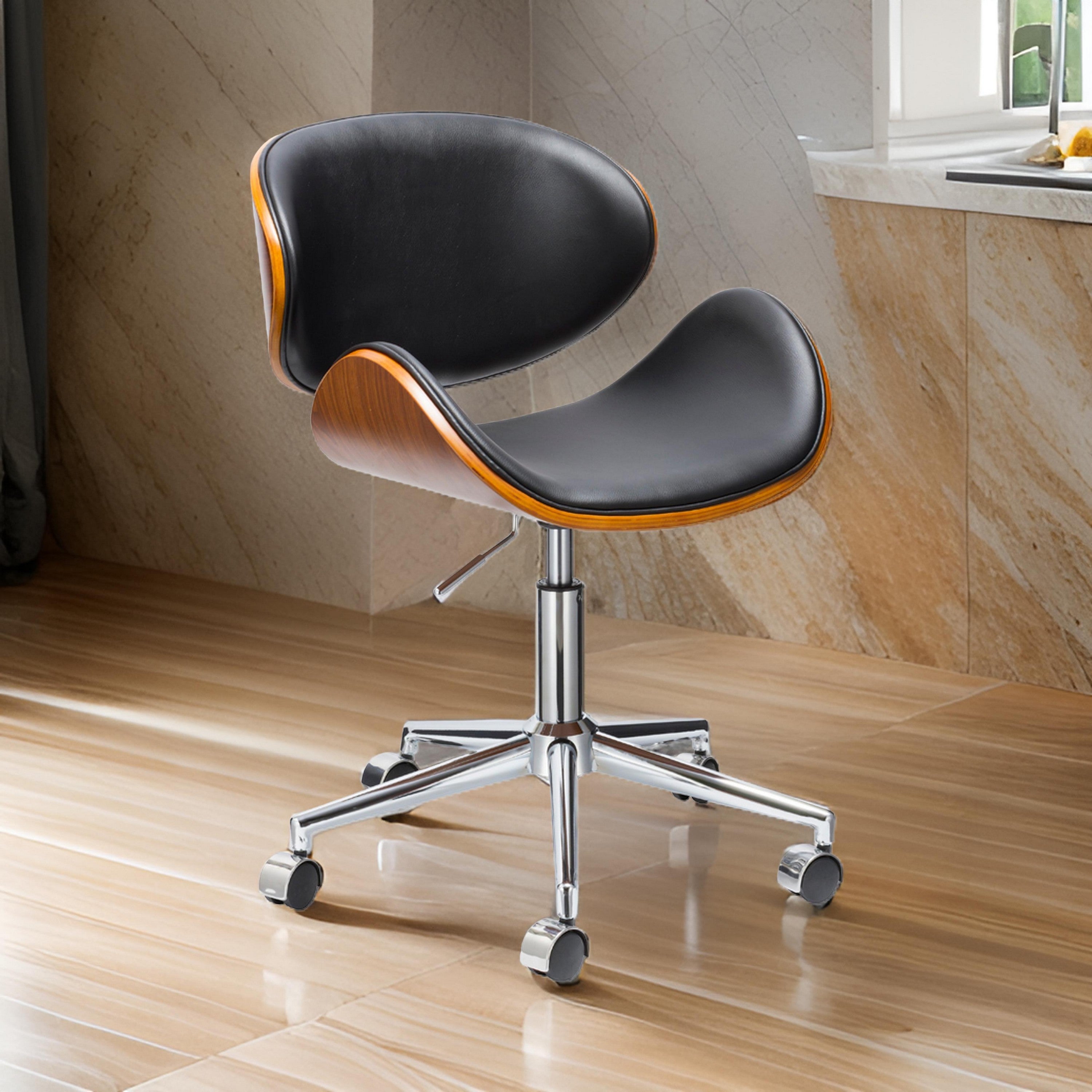 Benjara Kio 18-22 Inch Swivel Office Chair, Adjustable, Wood And Black Faux Leather