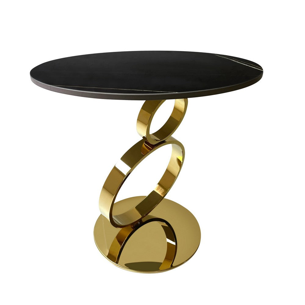 Benjara Tiyo 22 Inch Accent End Table, Round Sintered Stone Top, Black, Gold Steel