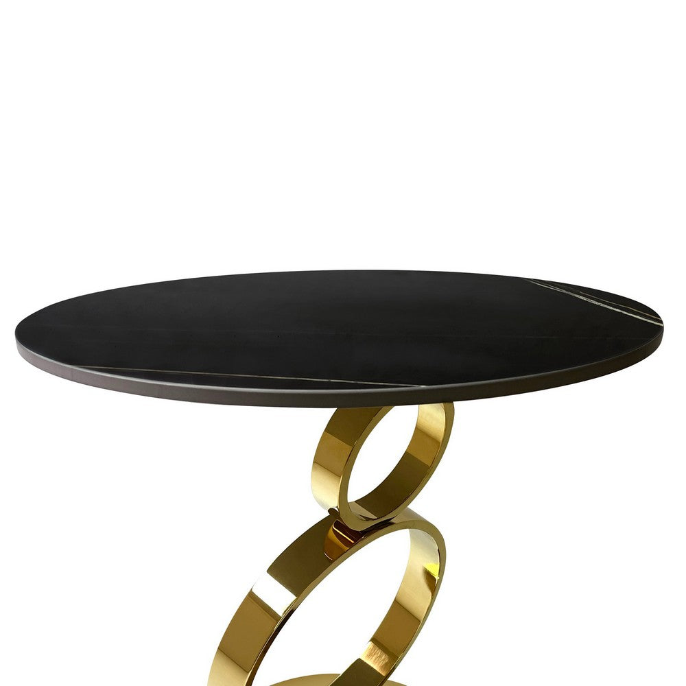 Benjara Tiyo 22 Inch Accent End Table, Round Sintered Stone Top, Black, Gold Steel